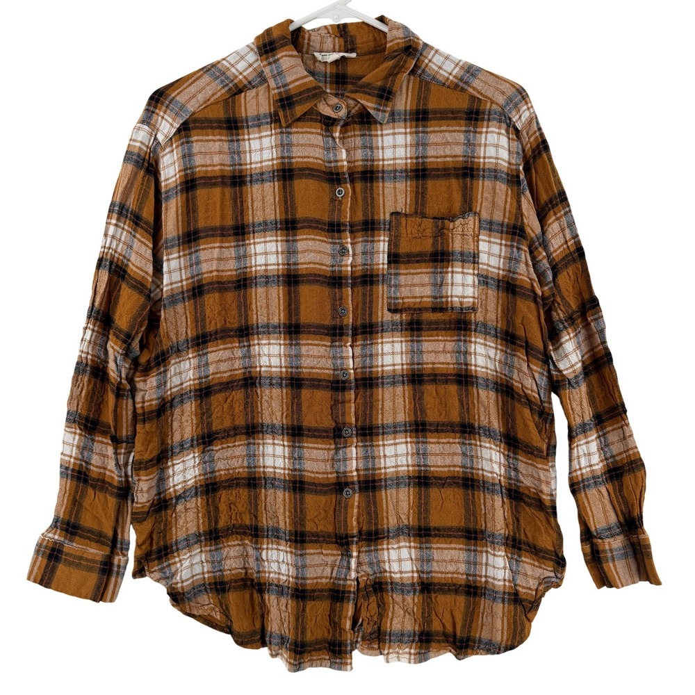 Jane And Delancey Button Up Shirt Womens Medium Brown Plaid Flannel Stretch Top
